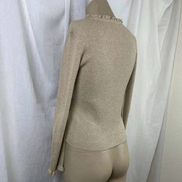 🌟 VTG Y2K Liz Claiborne Lizsport Petite Gold Shimmer Holiday Ruffle Sweater PS - Picture 5 of 13